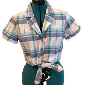 Forever 21 Pastel Plaid Tie-Front Shirt